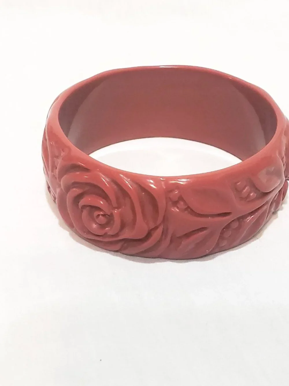 Rose Flower Wide Thick Carved Look Red Bangle Bracelet 2.5